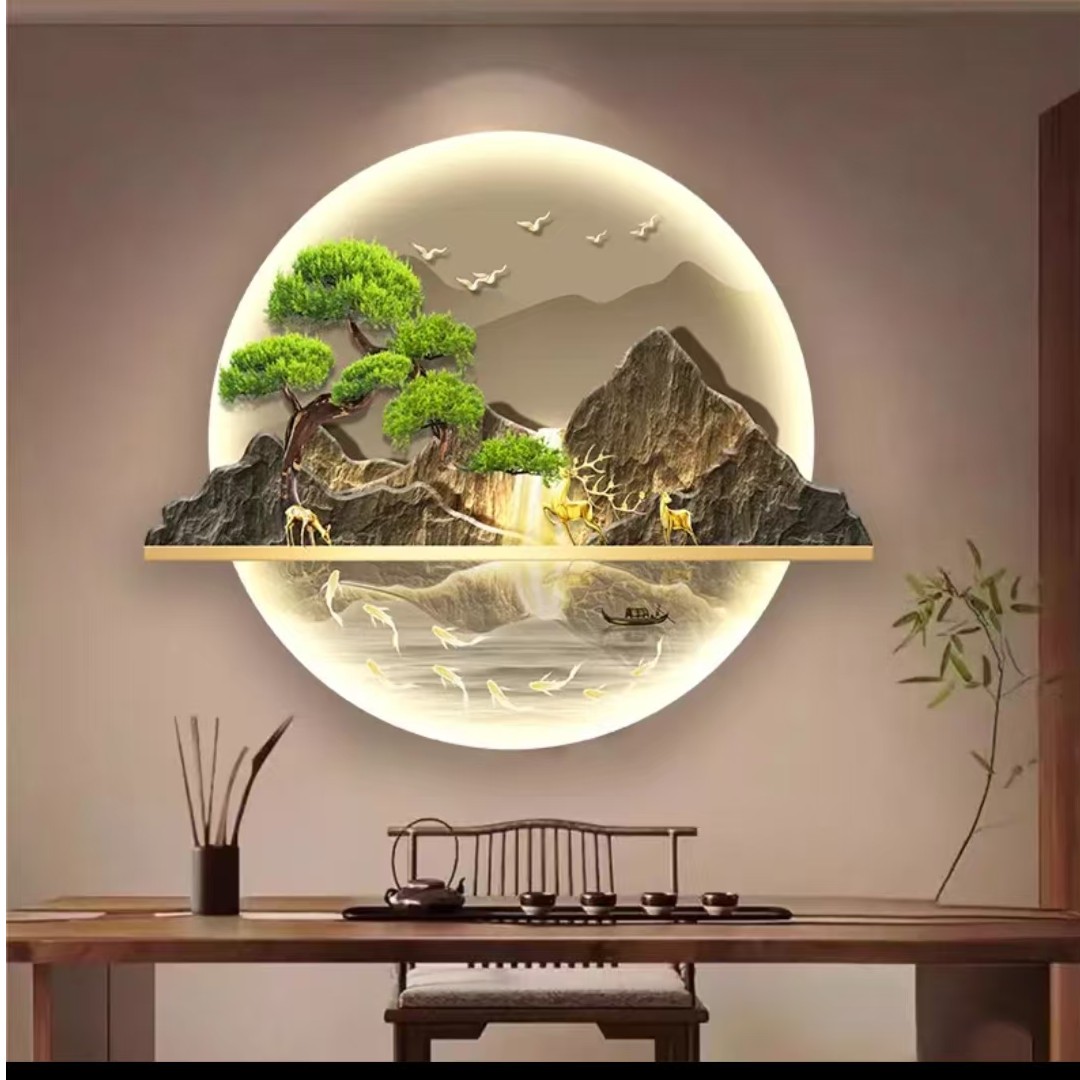 【迎客松】6001新中式入户玄关装饰画流水生财山水过道迎客松挂画