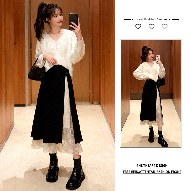 秋季穿搭一整套新款设计感破洞针织毛衣显瘦国风半身裙两件套女装