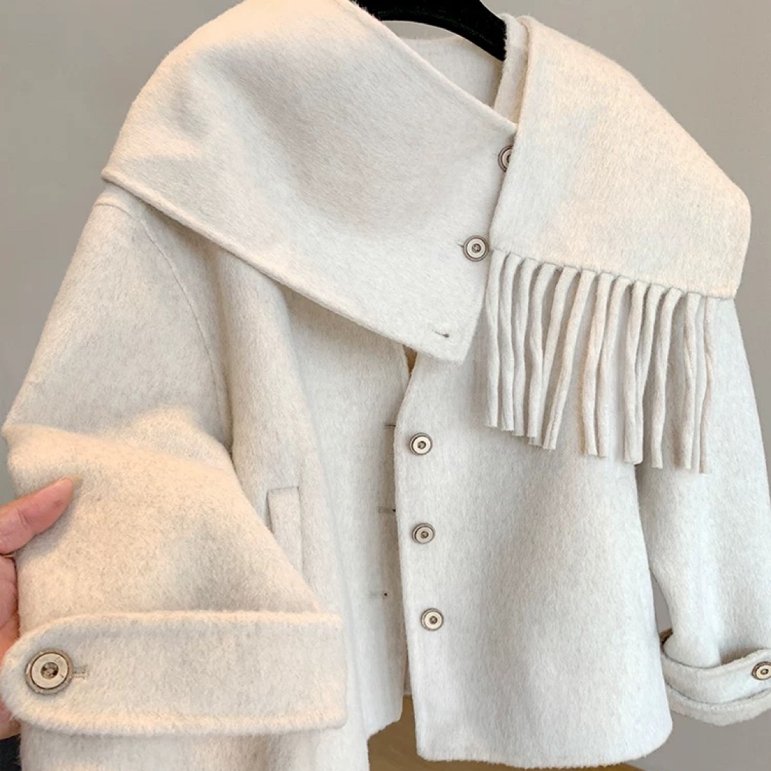 时尚百搭围巾领短款双面呢毛呢大衣外套女冬季气质宽松设计