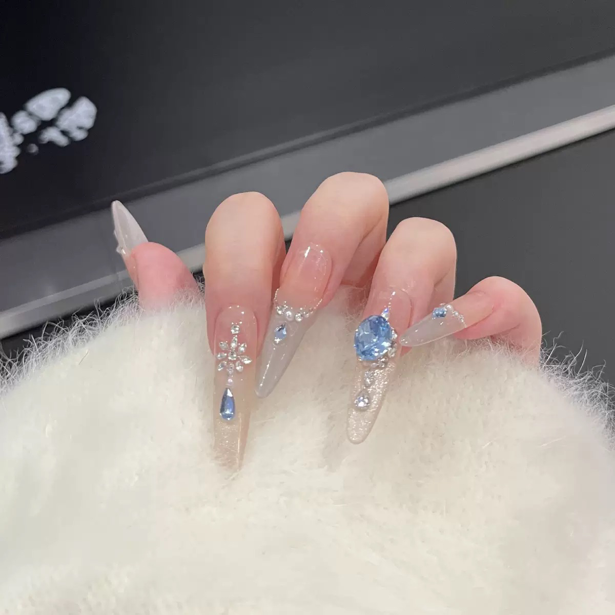 【海棠花】纯手工穿戴甲碎钻爆闪显白猫眼法式纯手工美甲穿戴甲片