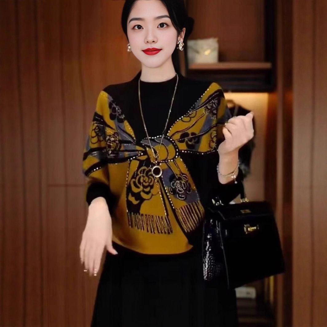 烫钻法式时尚保暖长袖T恤女秋冬中老年妈妈女装双面德绒打底衫女