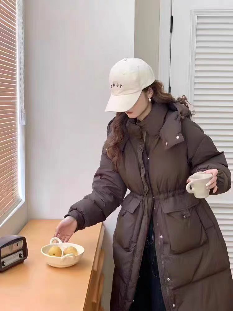 A97#扣子鹅绒服女长款2025冬新款韩版连帽收腰时尚加厚宽松外套