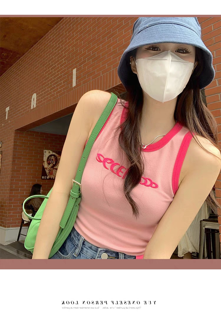 辣妹字母刺绣背心吊带工字短款夏季修身打底撞色无袖外穿多巴胺