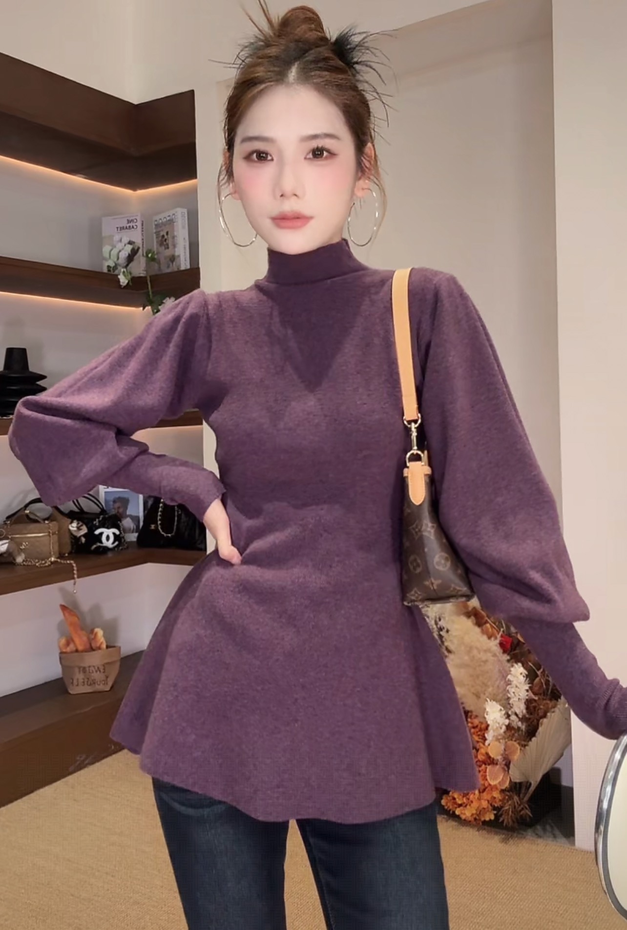 半高领灯笼袖显瘦毛衣