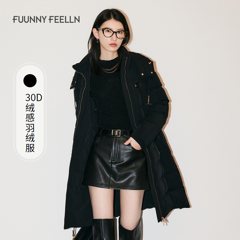 FF佛冬季黑色女中长款连帽收腰设计感FR00525