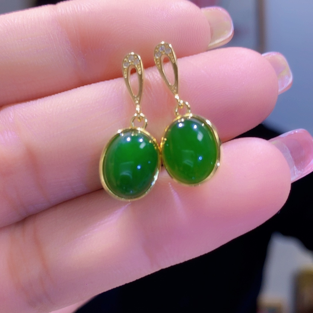 和田玉（碧玉）耳饰银S925镀金镶嵌