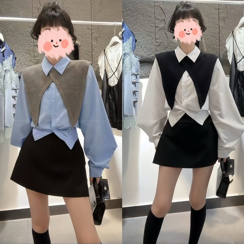 2025早秋新款高级感极简风POLO领羊腿袖衬衫披肩百搭舒适裙裤套装