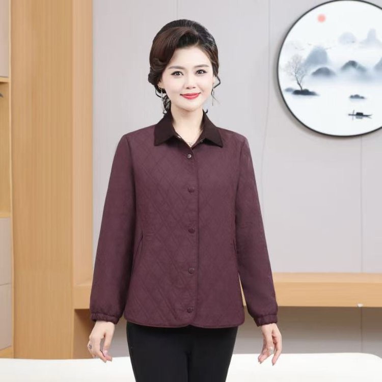 中老年新款妈妈装秋季休闲时尚外套拼色翻领上衣