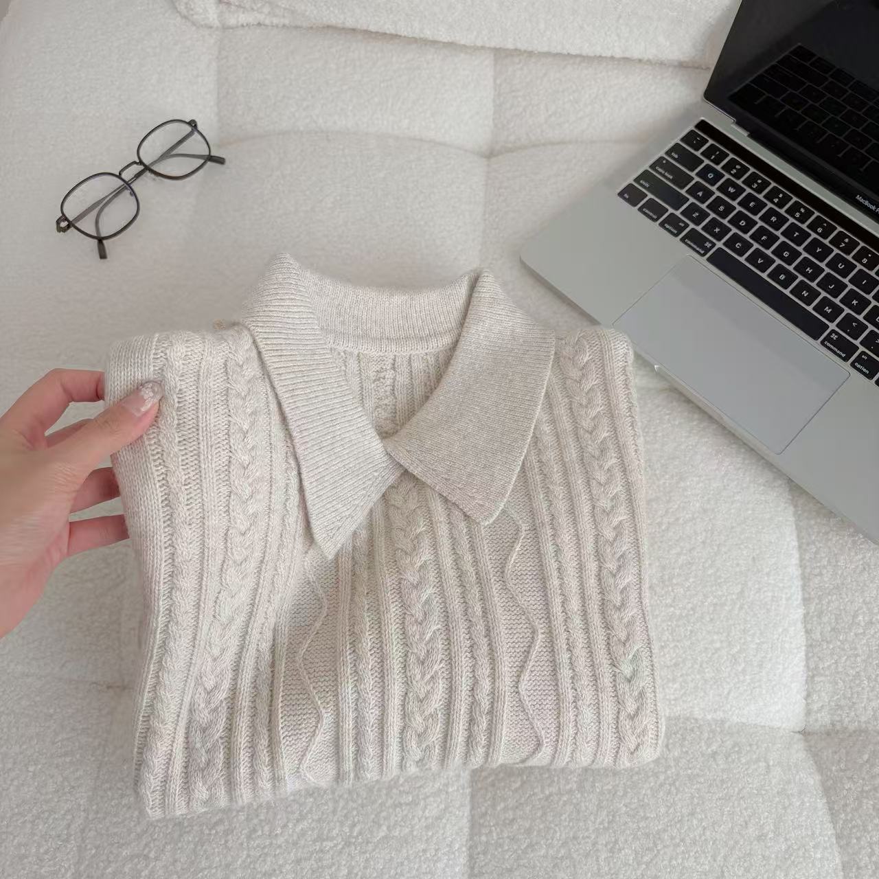 X0096-厚款短款针织冬季常规款毛针织衫洋气翻领毛衫休闲