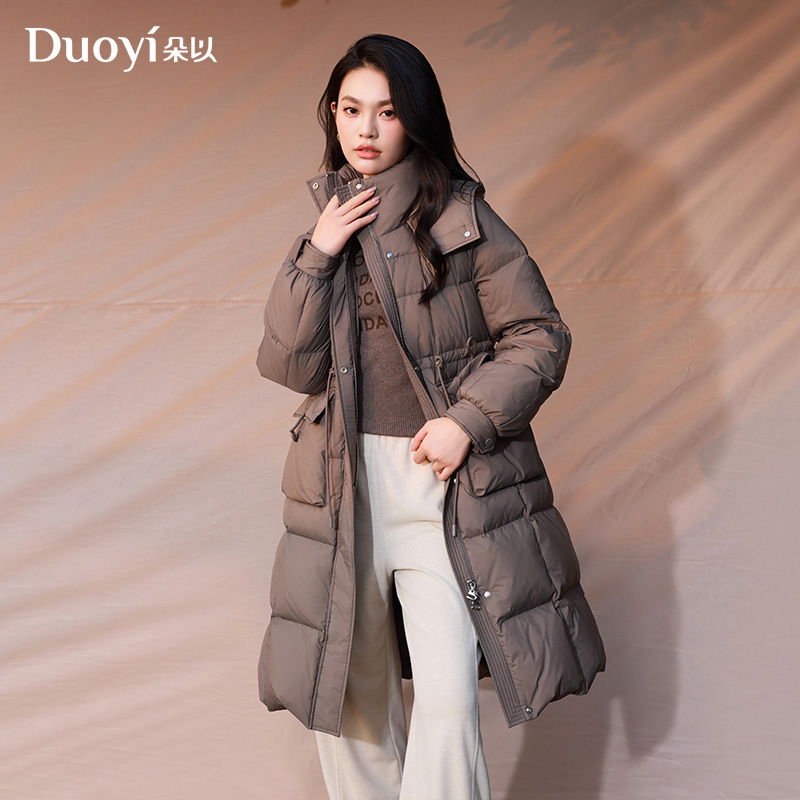 朵以2025冬季新款时尚户外保暖收腰连帽羽绒服中长款女款