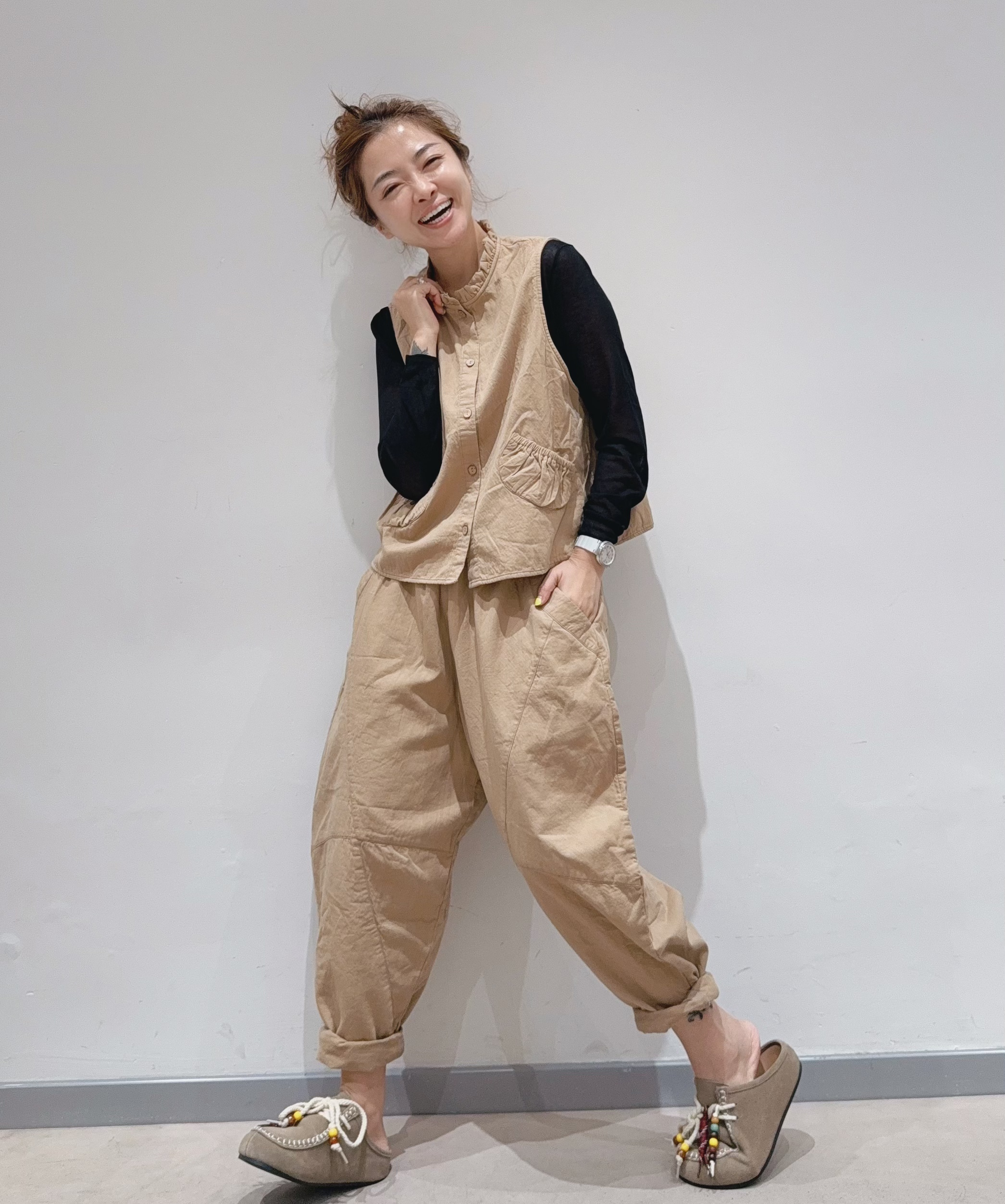夏小朵 极简花边领马甲套装 时尚潮流小众纯色极简宽松套装