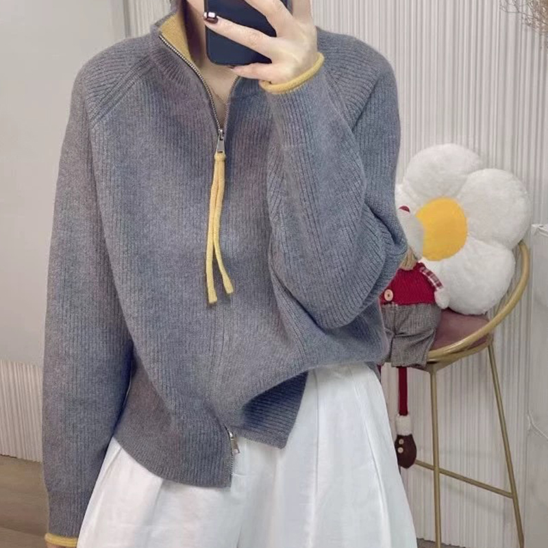 【双拉链黄边开衫--高级灰】加厚春季新款毛衣开衫女外套宽松