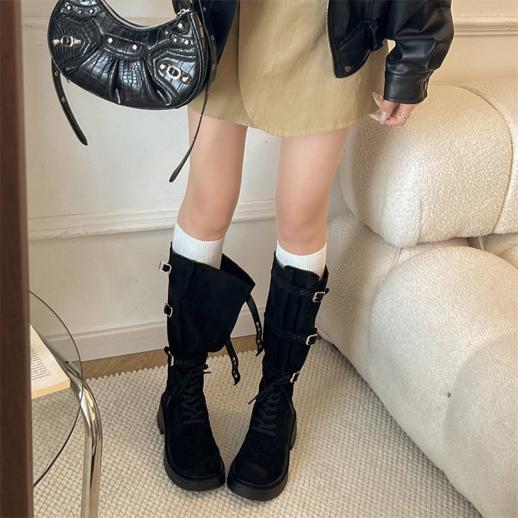 磨砂复古长筒靴女2025秋季新款皮带扣骑士靴不过膝两穿靴子长靴潮