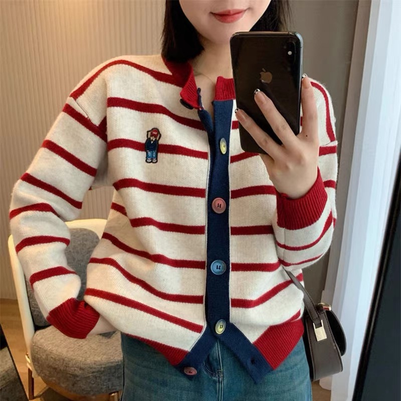 条纹拼色毛衣外套女新款慵懒风宽松针织开衫
