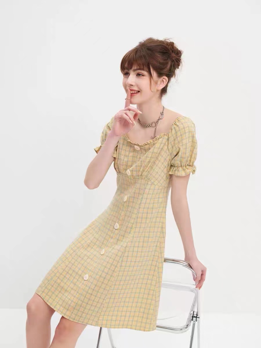 时尚法式夏季方领短裙竹节印花短袖连衣裙格子