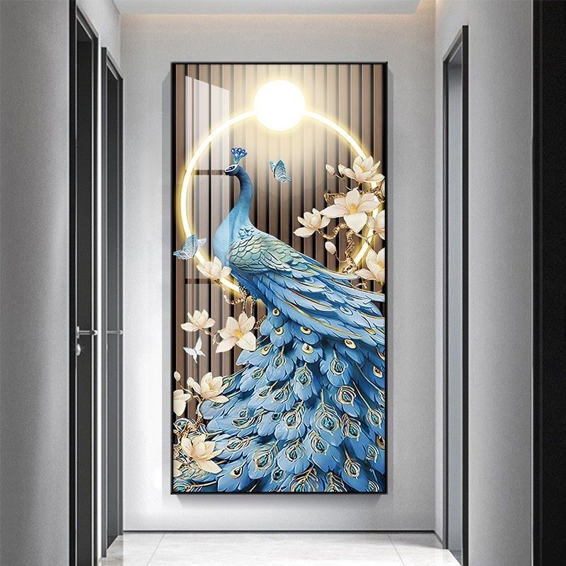 新中式孔雀玄关装饰画高级感入户走廊过道挂画