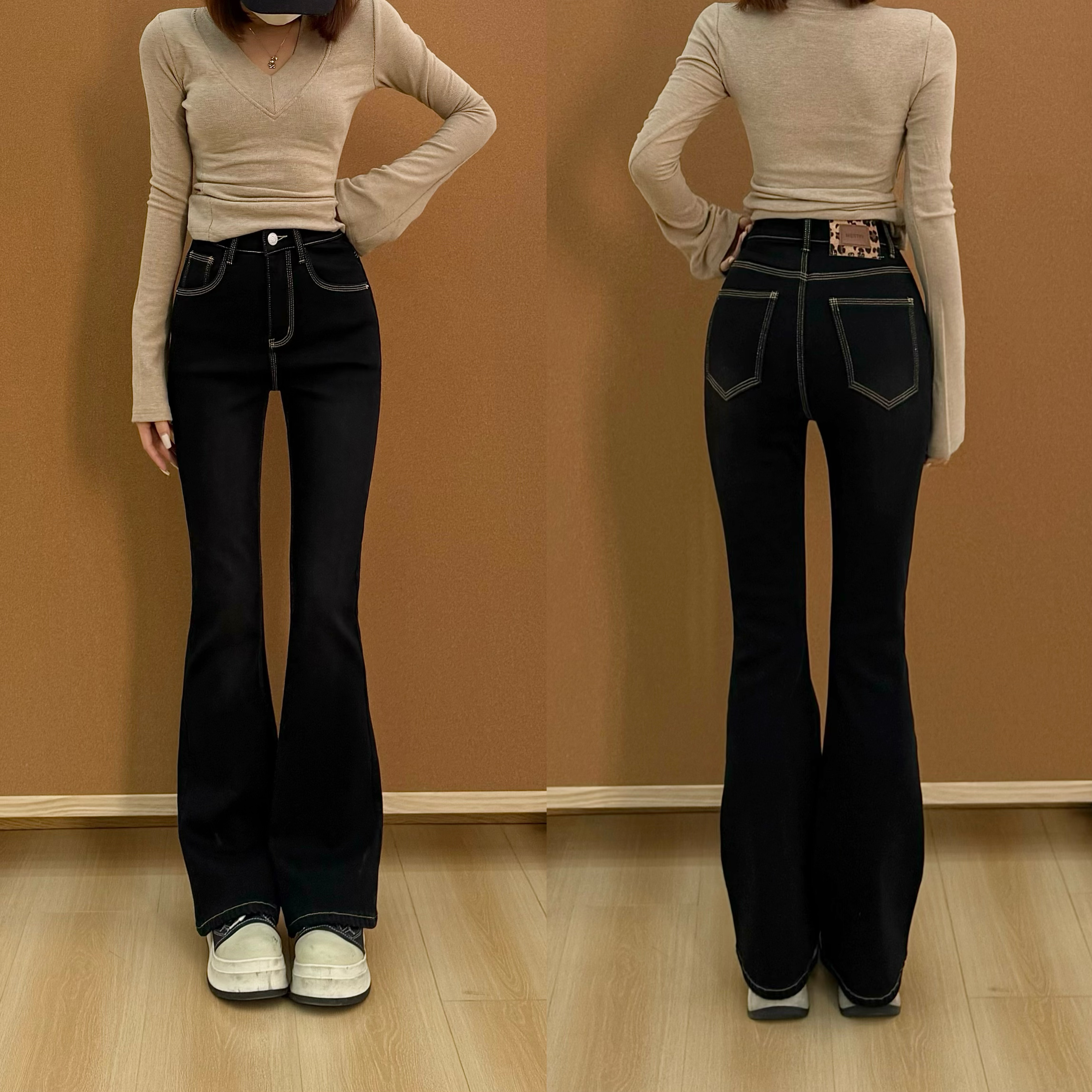 Pretty Silhouette/若纤W17正版~八面微弹加绒微喇叭裤提臀小个子