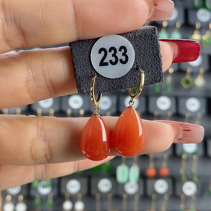 南红玛瑙耳饰18K金镶嵌