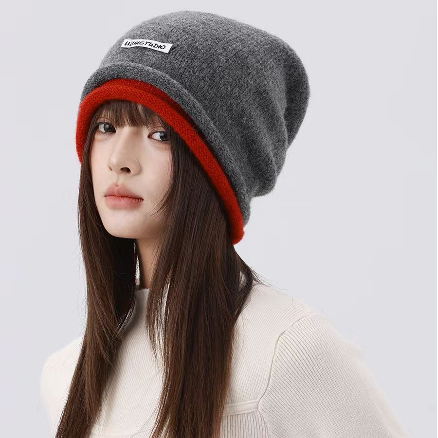 松弛感针织堆堆帽女韩版拼色卷边冷酷感套头冷帽男显脸小包头帽