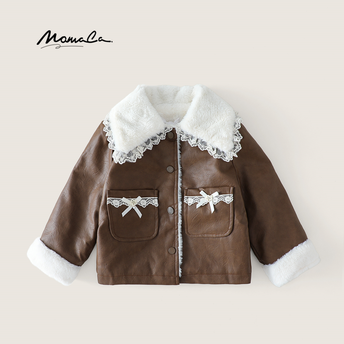 【专柜撤柜】MOMOCO冬季女童甜美拼蕾丝毛领皮衣75810105001