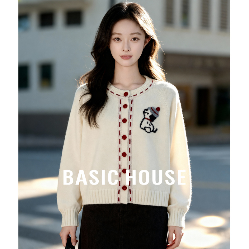 百家好小狗刺绣单排扣开衫针织女冬圆领甜美减龄毛衣-B0625B5QLJ2