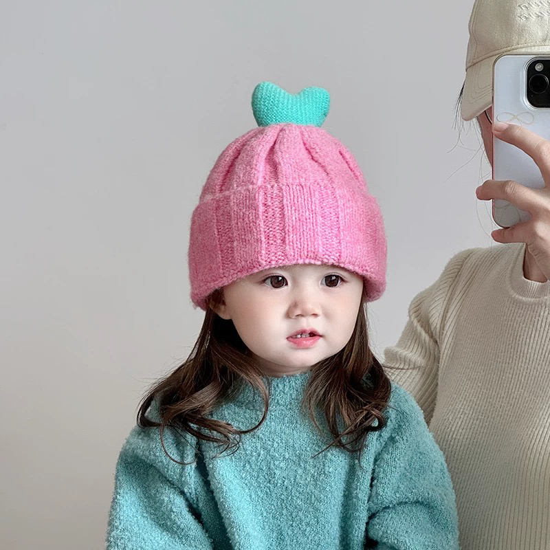 儿童帽子冬天毛线帽韩版洋气爱心针织帽男女宝宝加厚保暖套头帽潮
