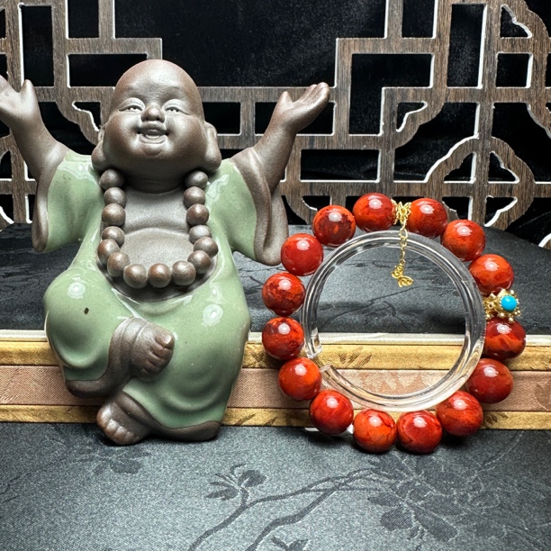 精品川料原矿天然南红牛血红妖火焰纹圆珠手串18k镶嵌单圈民族风