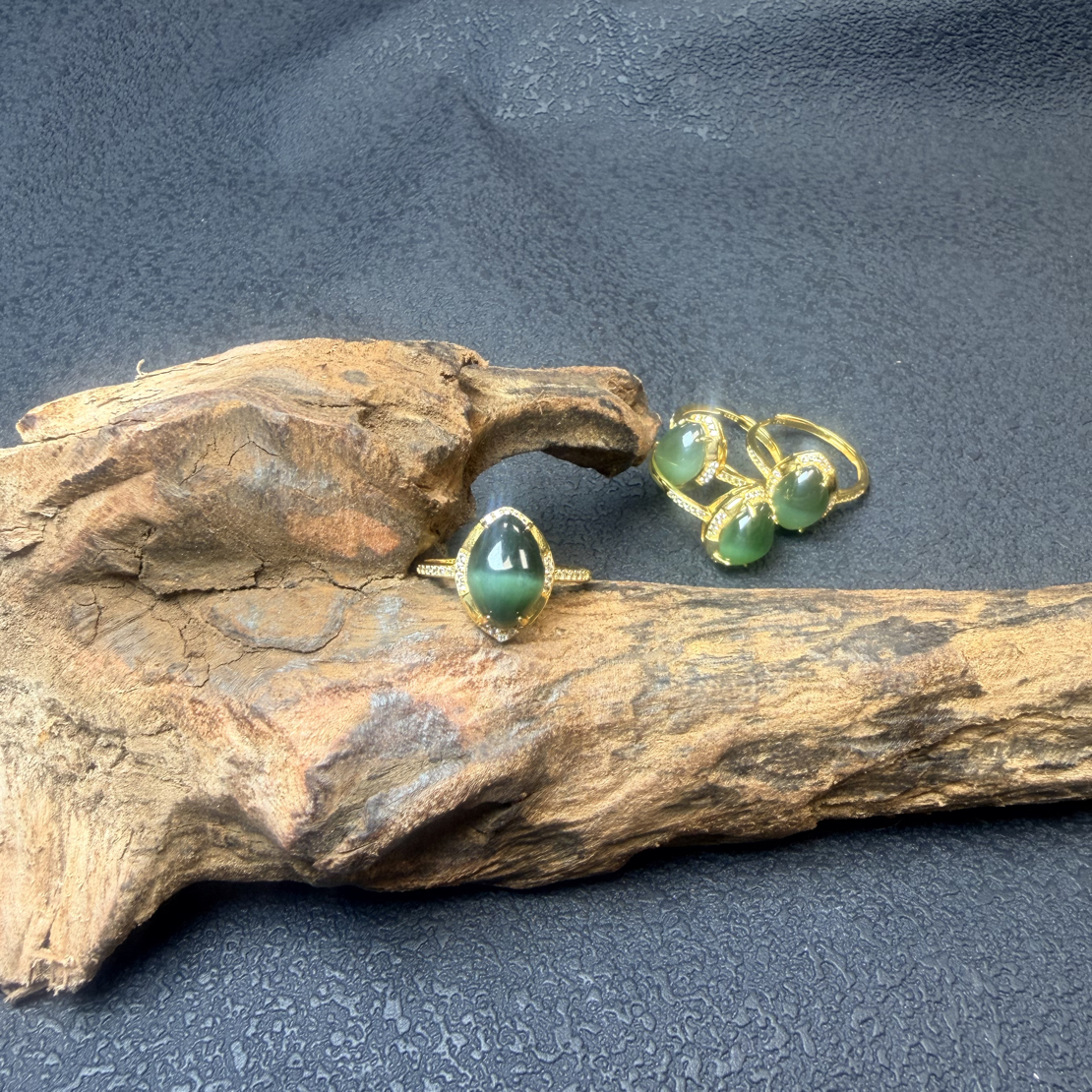 【麟巍珠宝】和田玉S925银镶嵌碧玉猫眼马眼戒指（多样性发一）