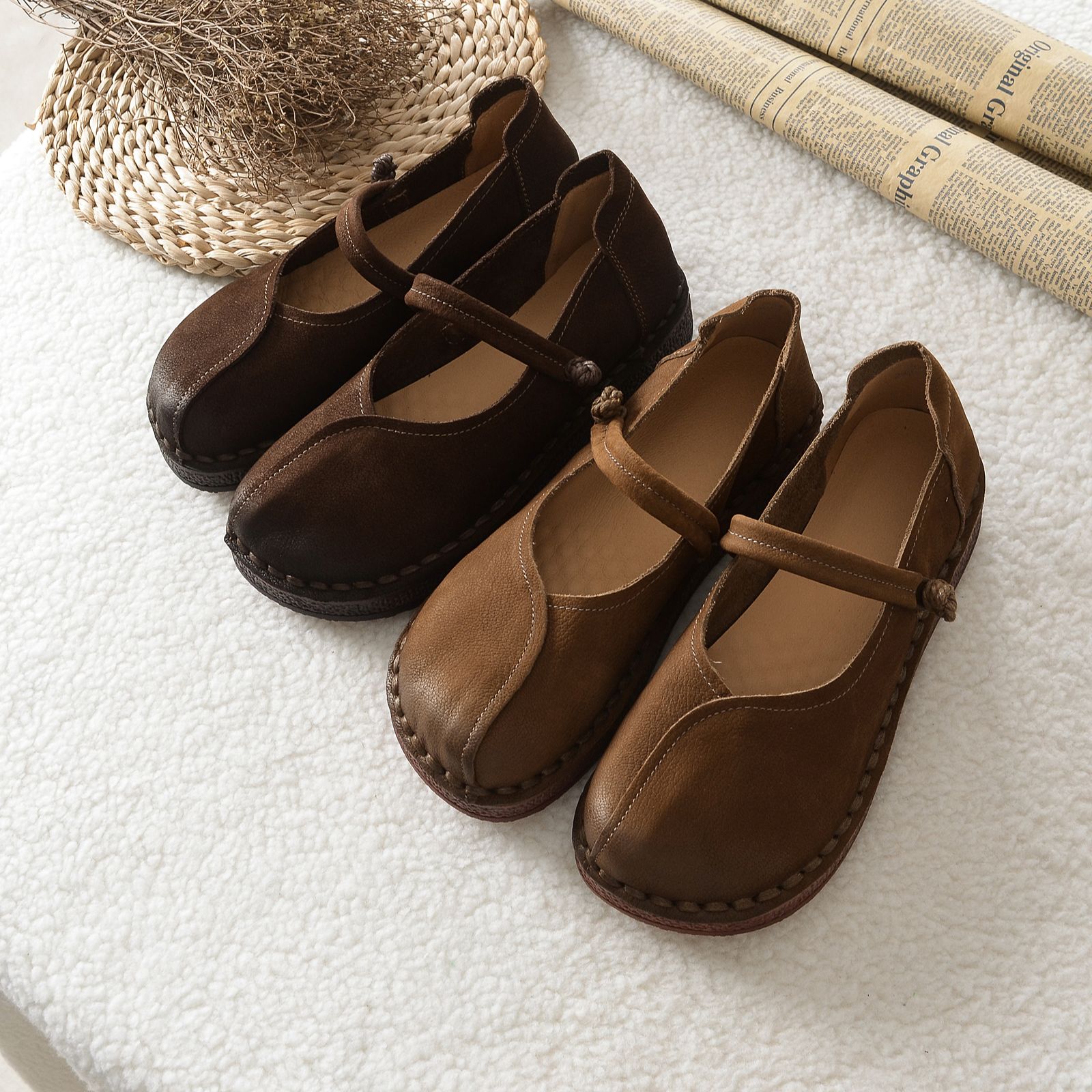 【以之】复古风浅口一字带圆头百搭休闲软底鞋禅意舒适单层平底鞋