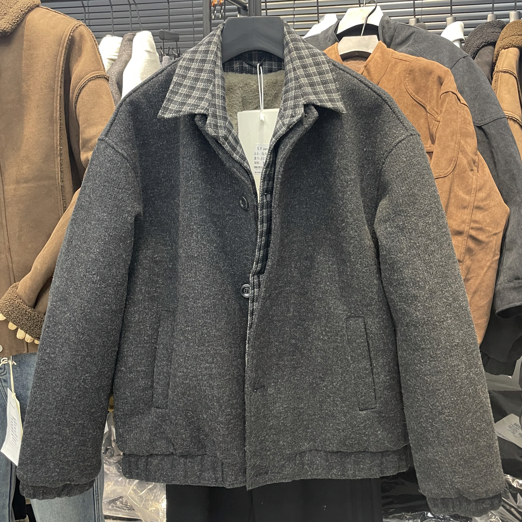 5173男士秋冬加绒假两件拼接潮流翻领夹克外套休闲百搭款