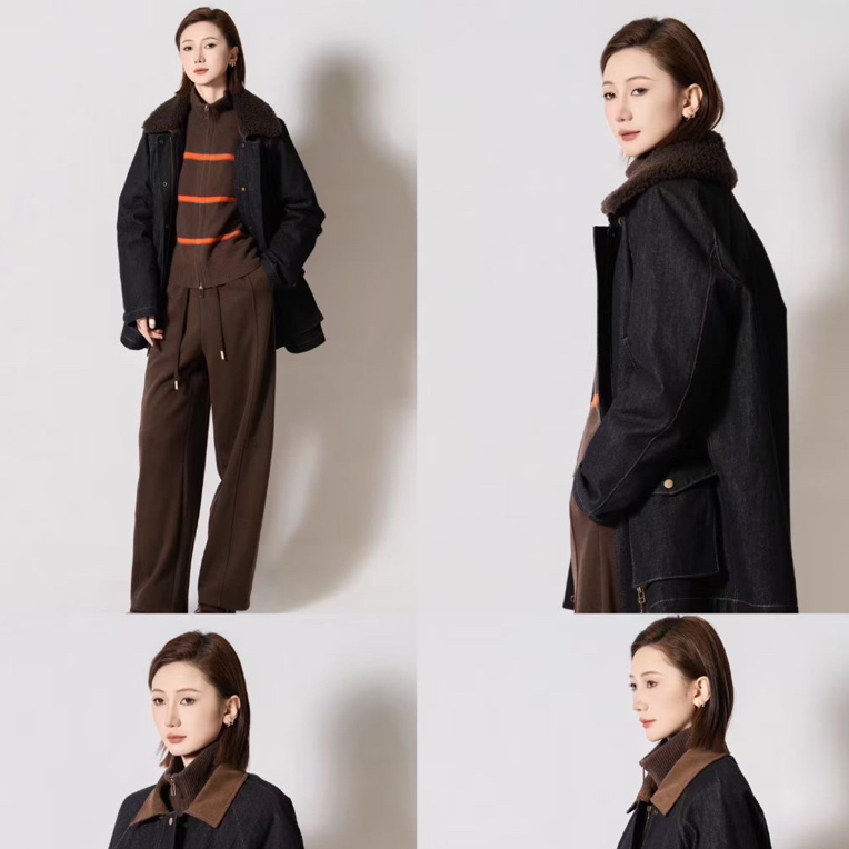 玛丝恩迪  430736冬季新款复古牛仔皮毛撞领可脱卸鹅绒夹克外套