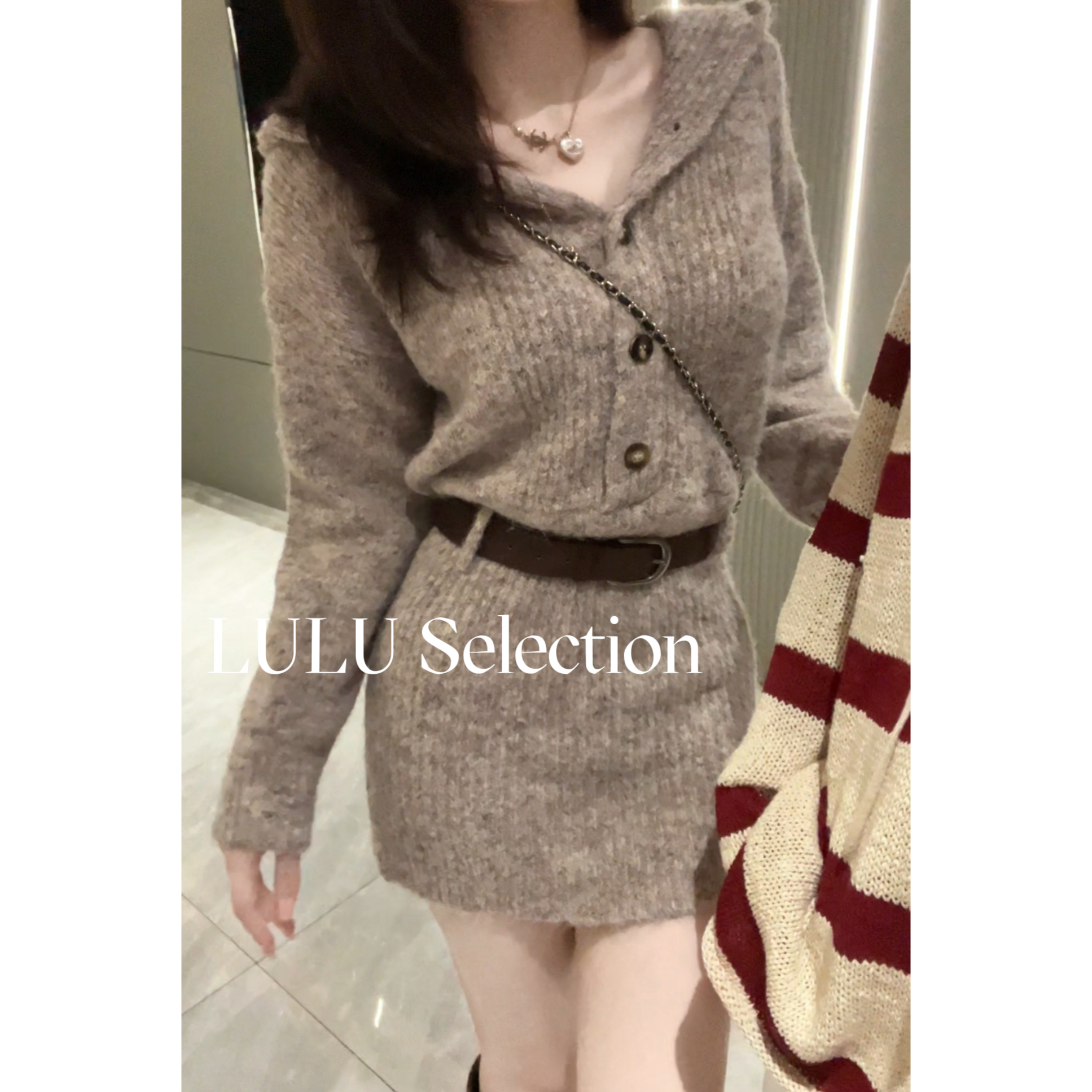 【港女周末】LU 复古法式气质辣妹修身花色针织毛衣连衣短款短裙