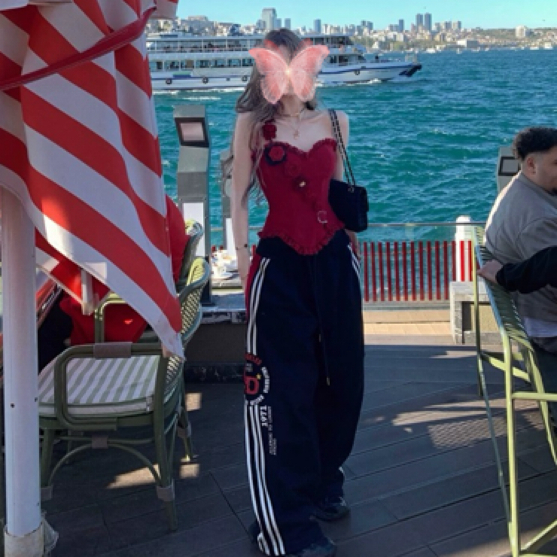 美式复古双腰头抽绳卫裤女夏季宽松百搭阔腿休闲长裤