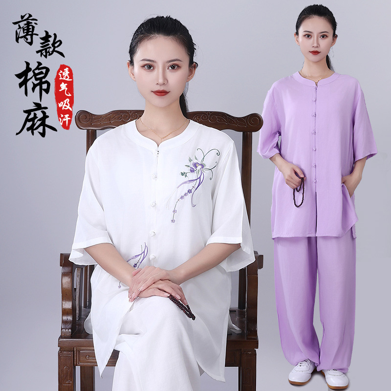 穆李薄款夏新中式薄棉麻太极服女短袖太极拳练功武术晨练宽松老年