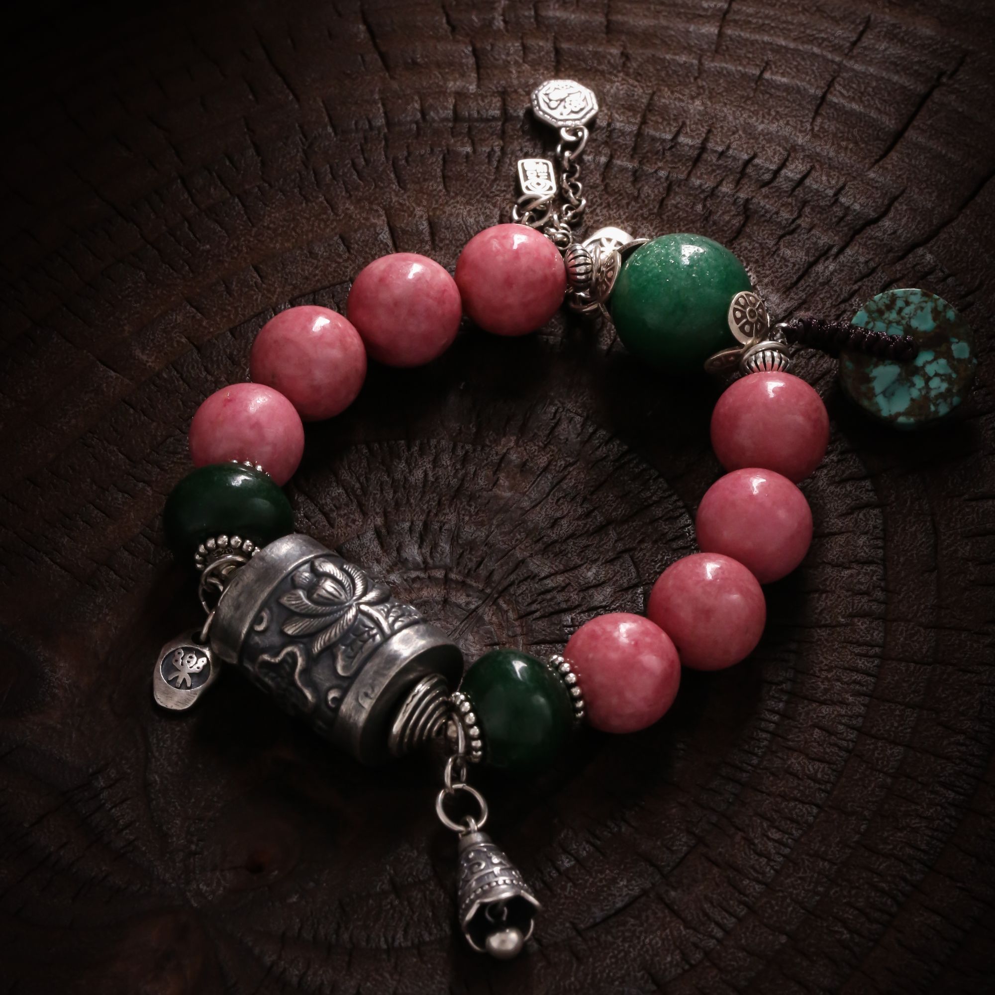 925银手链 大头姐S10457 复古做旧莲花桶珠铃铛粉色大圆珠手链