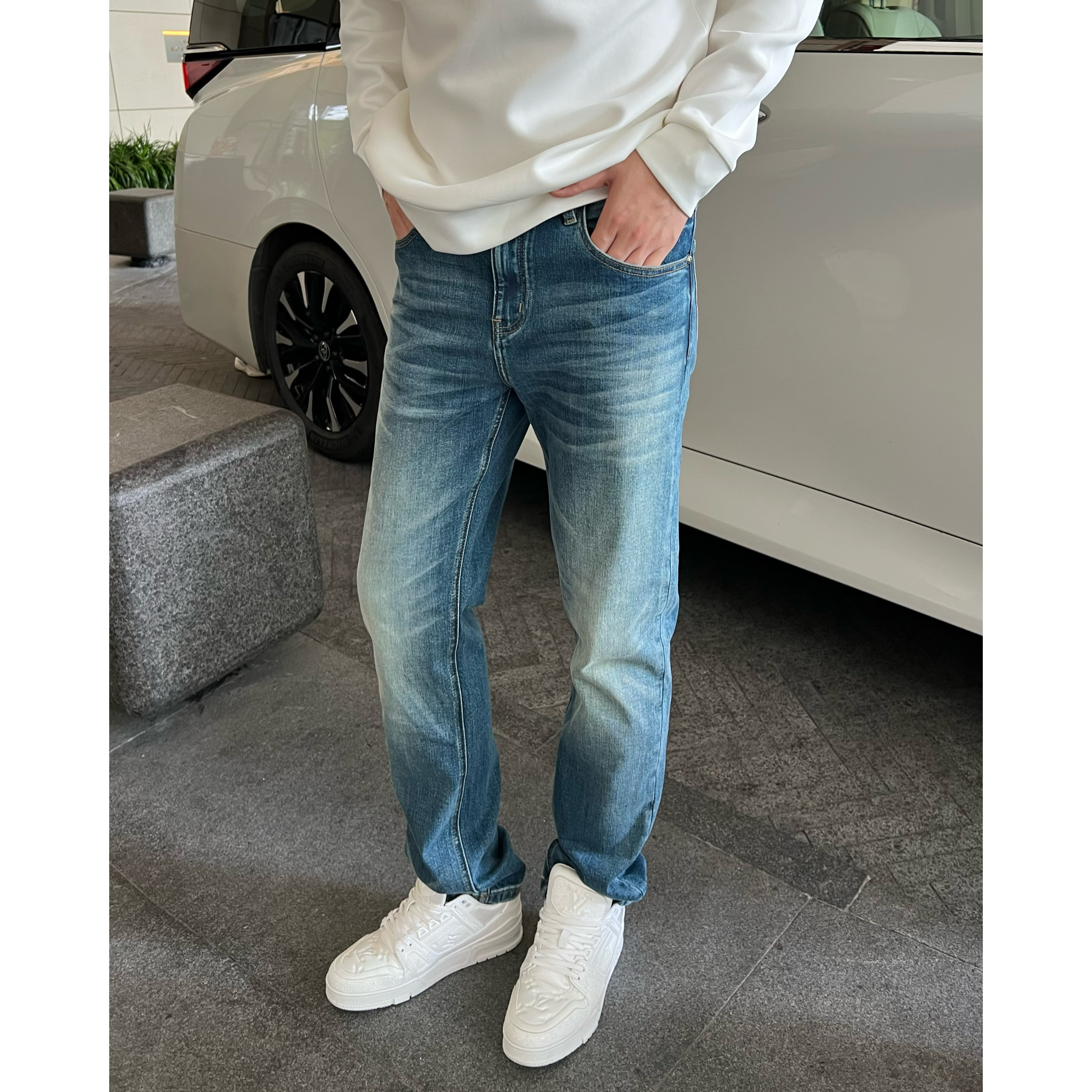 【蓝色复古牛】早秋蓝水洗显瘦直筒休闲男士弹力牛仔裤百搭李查德