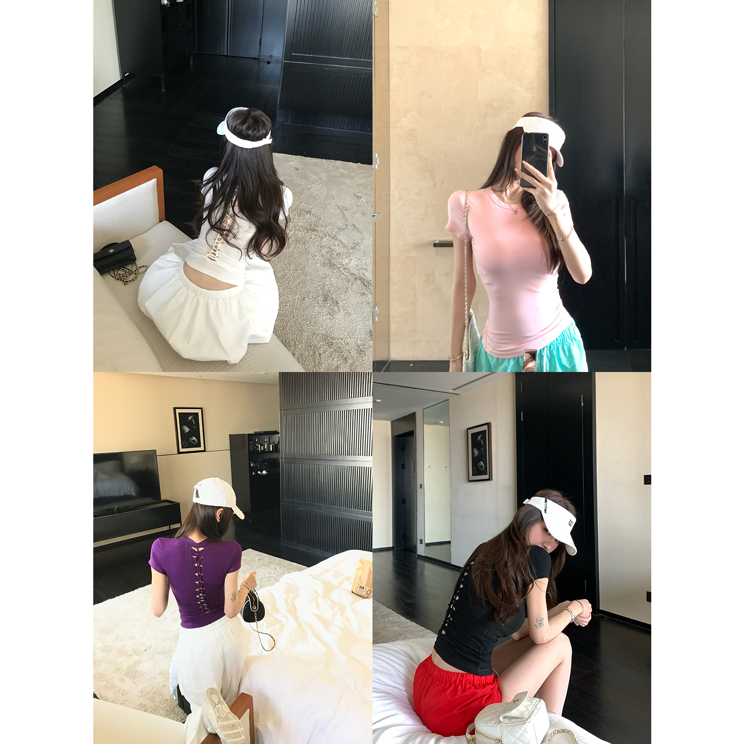 SKKSkk Store 初代陷阱 收腰正肩短袖T恤女夏镂空龙骨上衣带胸垫