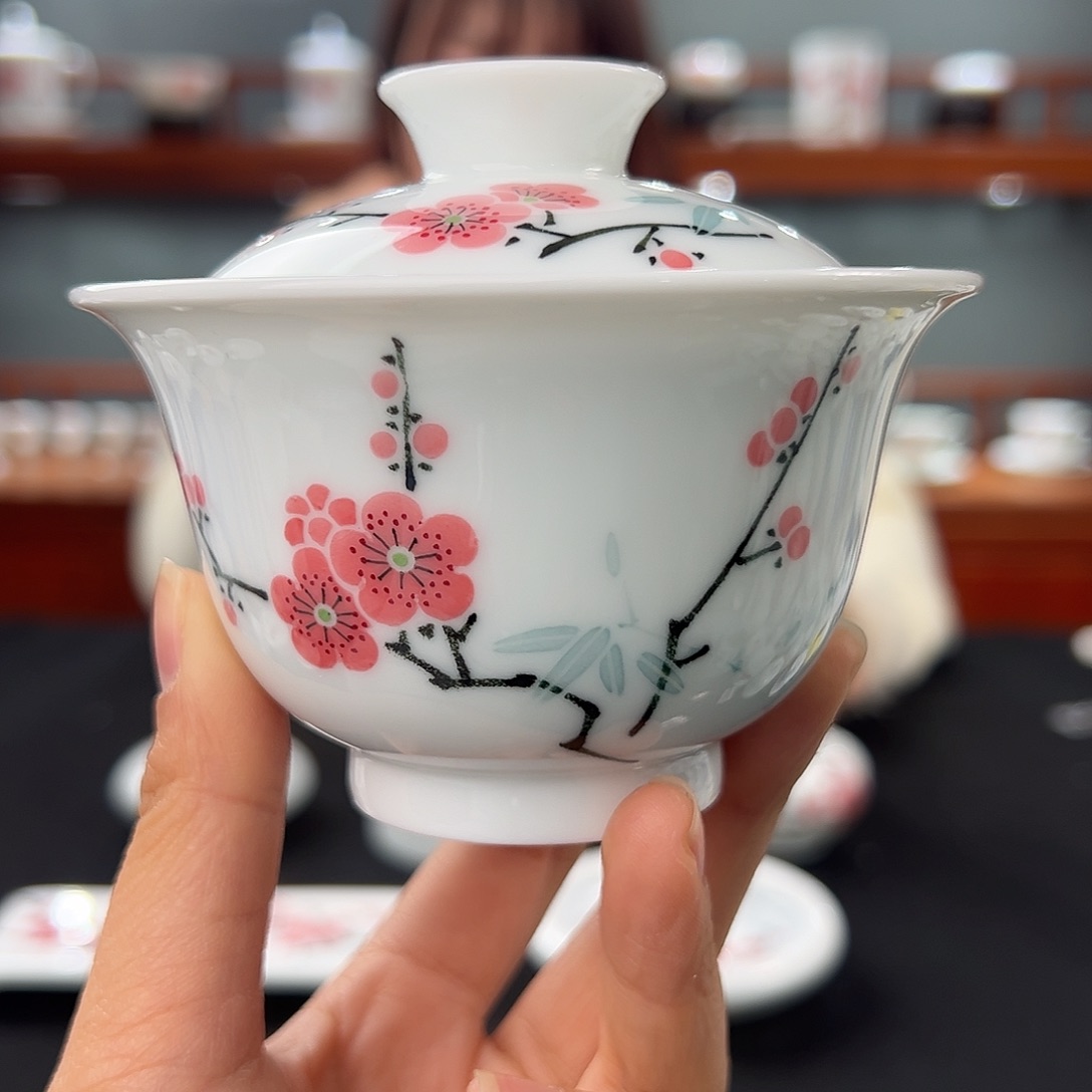 玉泥翠竹红梅两才盖碗