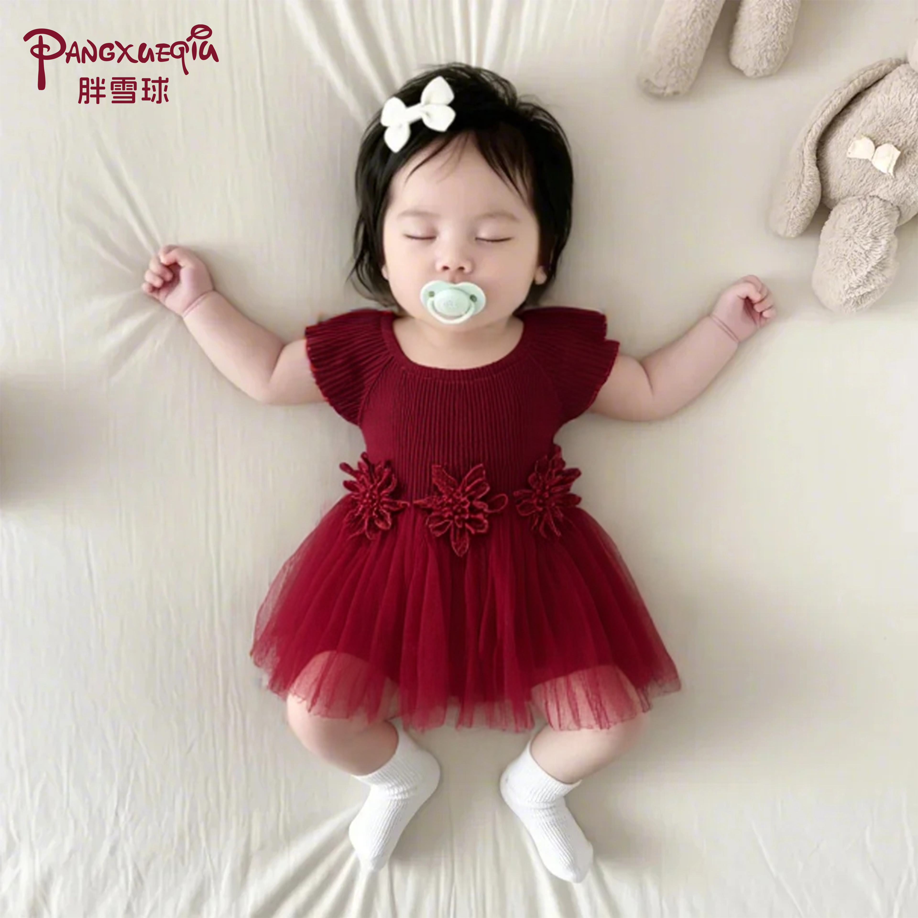 女宝宝夏季哈衣爬服公主满月礼服夏装小飞袖洋气韩版女童生日裙子