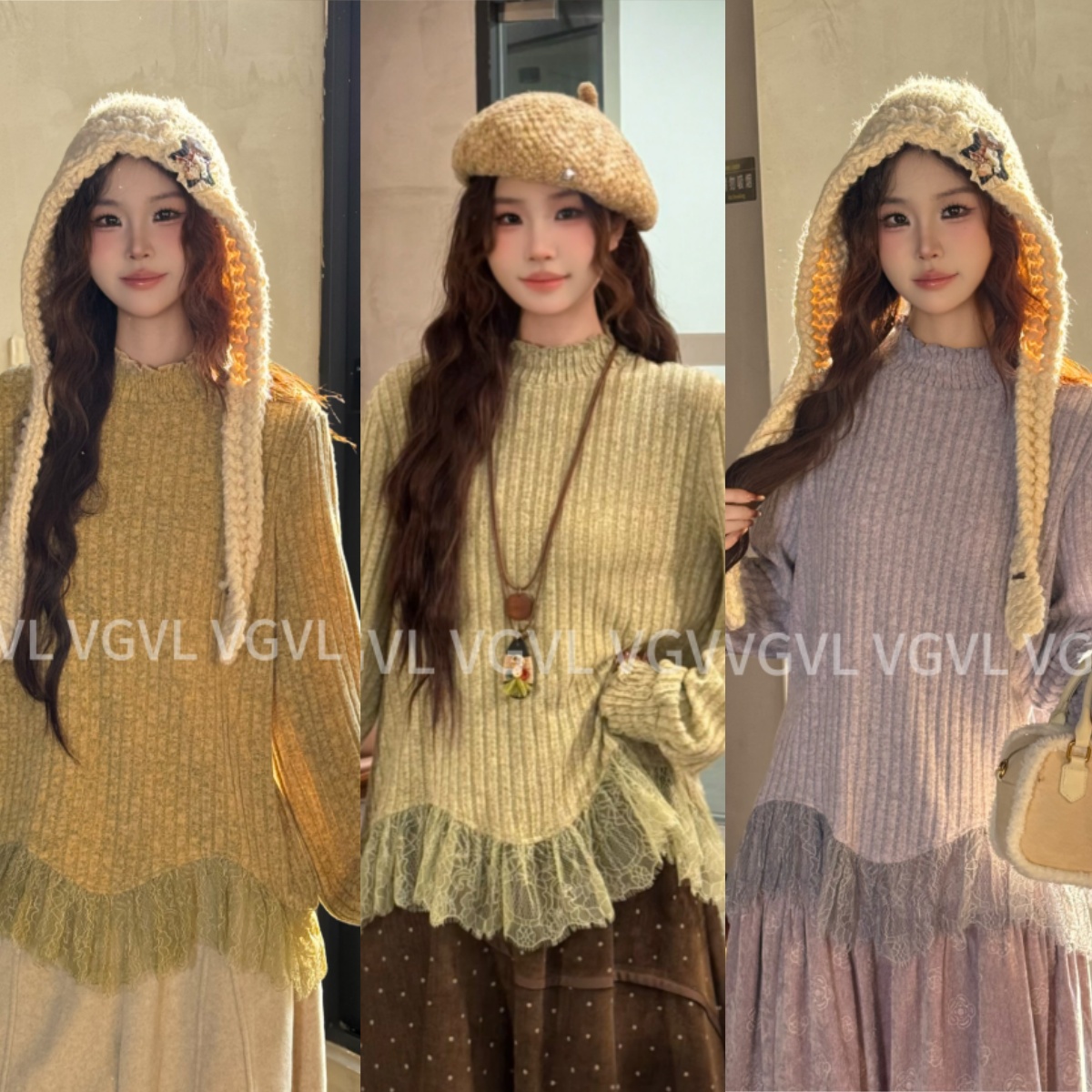 VGVL内搭【青苹果】圆领花瓣袖蕾丝打底衫百搭打底T恤内搭10349