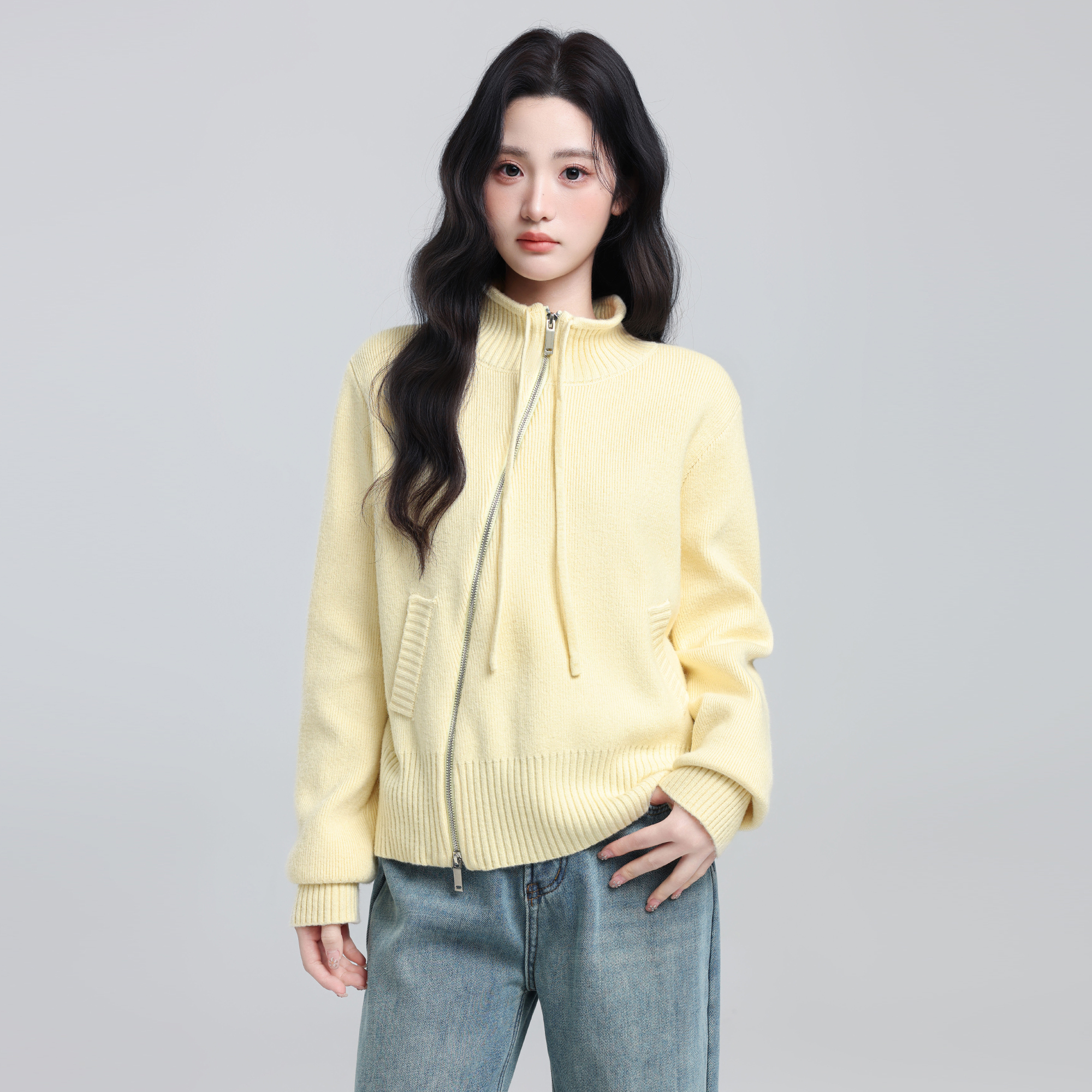 黄色半高领毛衣外套女秋冬2025冬新款双拉链立领针织开衫短款上衣