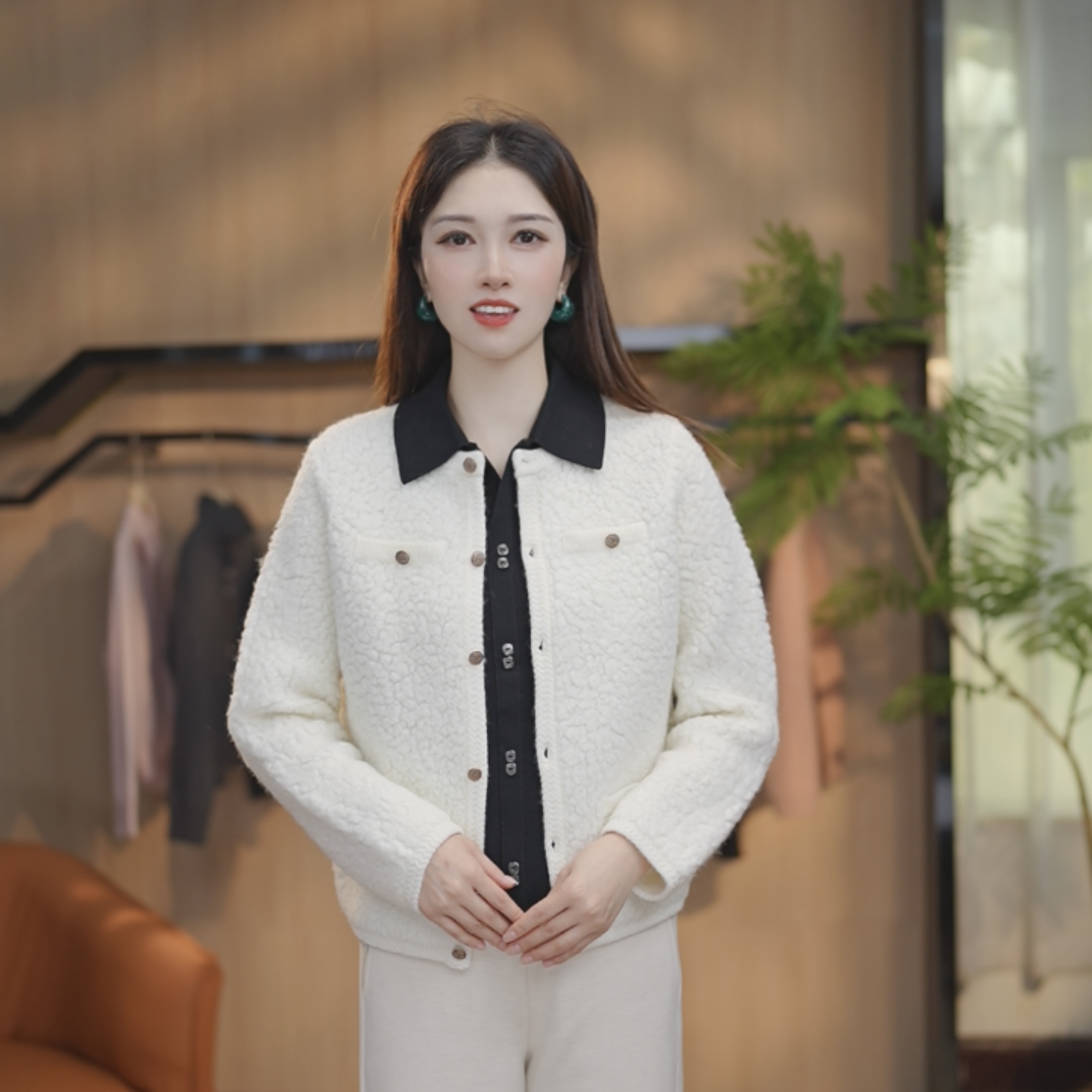 复古绵羊毛开衫外套冬季新款设计感洋气减龄单排扣外套7611