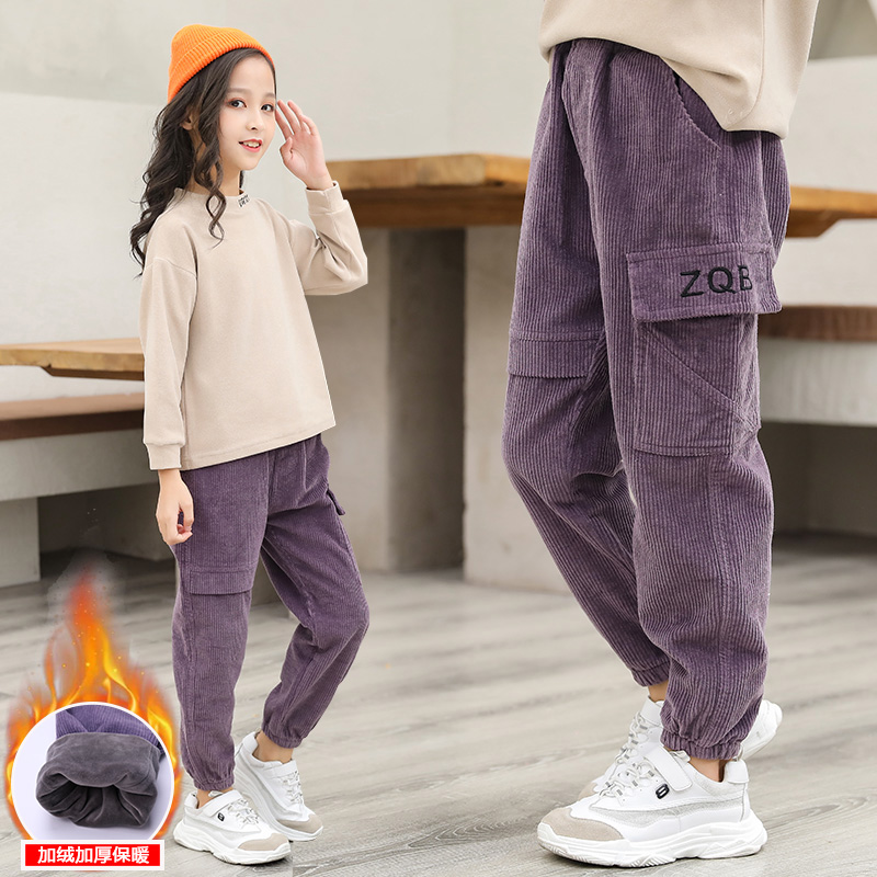 女童秋冬季裤子2025新款时尚休闲裤灯芯绒束脚裤冬季加厚保暖裤