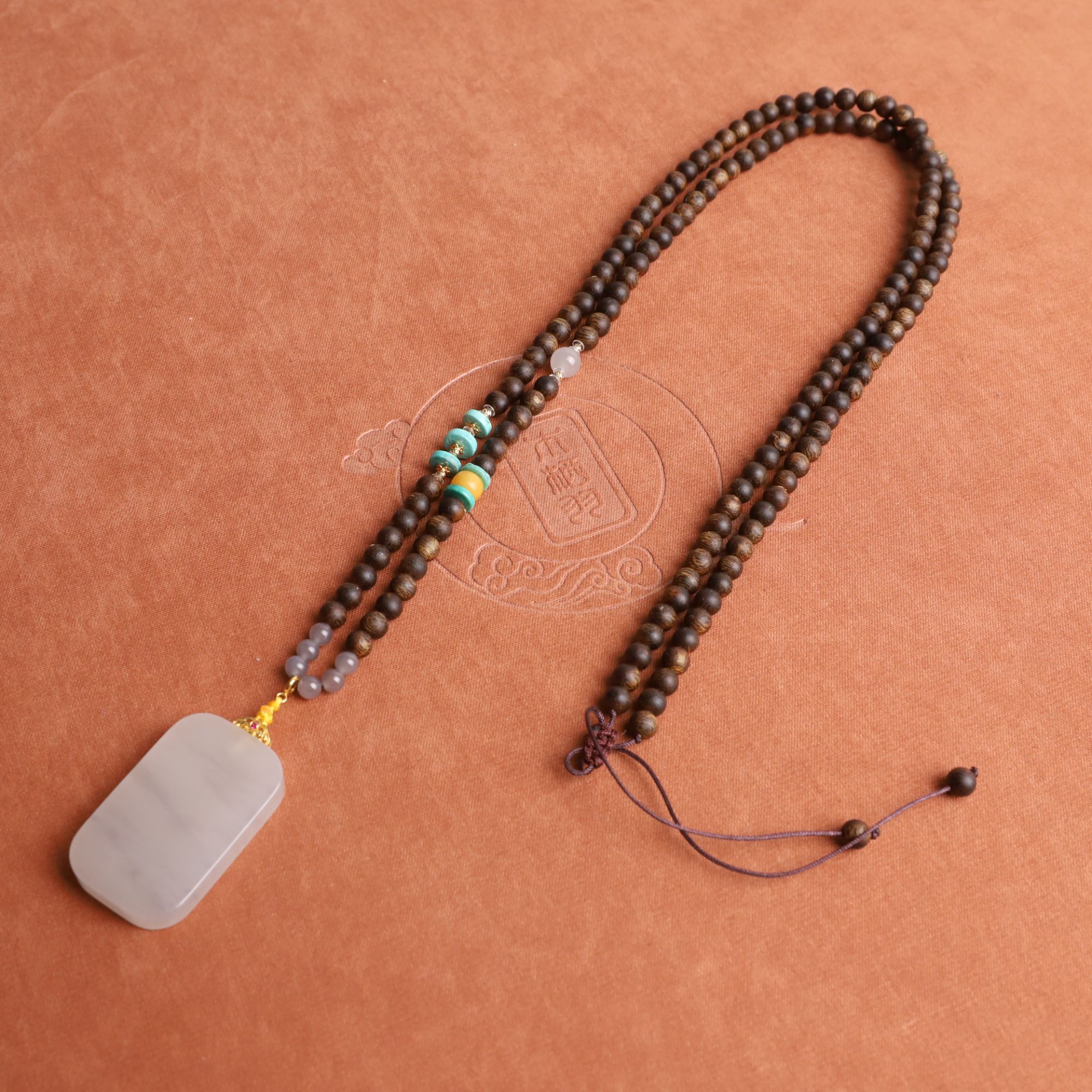 沉香【山河月色】沉香沉水级和田玉绿松石蜜蜡时尚烟紫玉吊坠项链