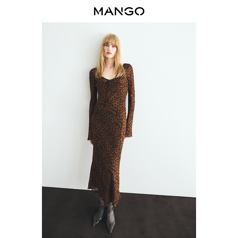 MANGO女装连衣裙2025秋装新款时尚辣妹V领修身长袖豹纹连衣裙