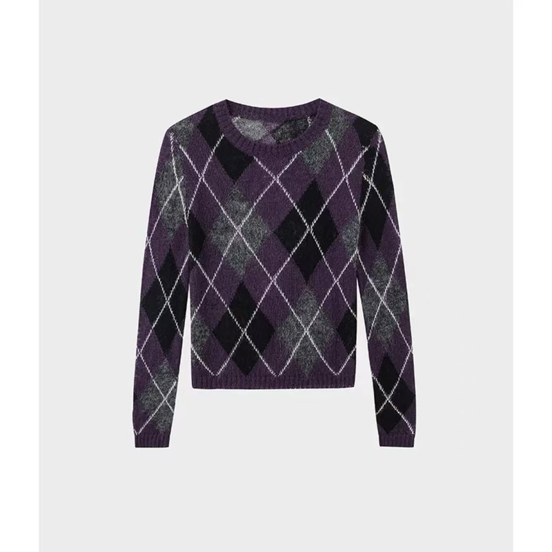 YUNAQIU秋季格纹提花休闲风圆领毛针织衫紫色撞色时尚上衣6921