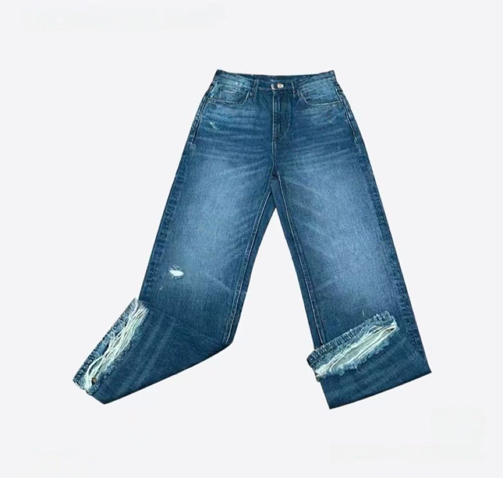 【LLE】复古磨白后脚跟破洞拉毛牛仔裤20257