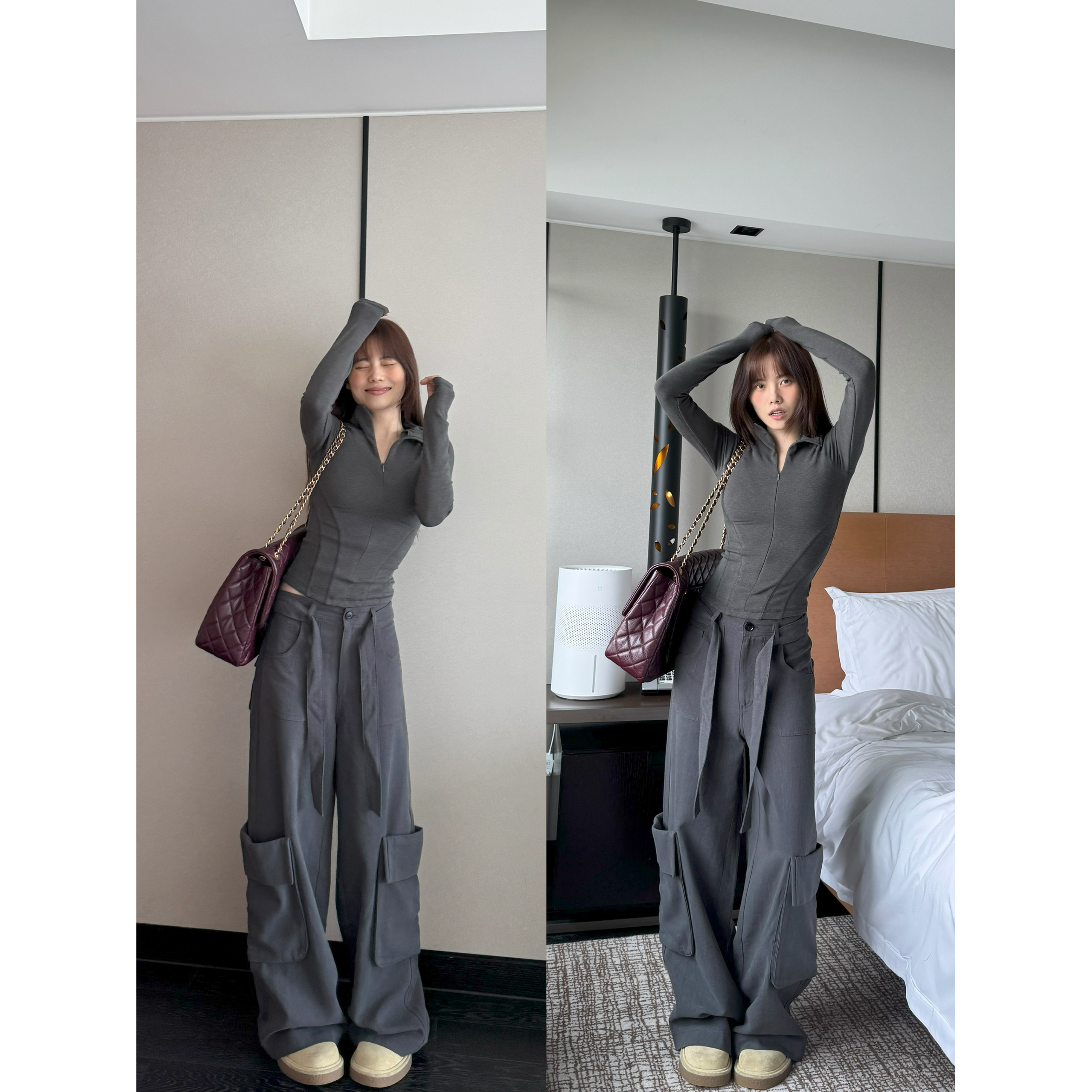 JINGDL【旋转木马】30%亚麻43%莱赛尔27%棉大口袋系腰带阔腿工装裤