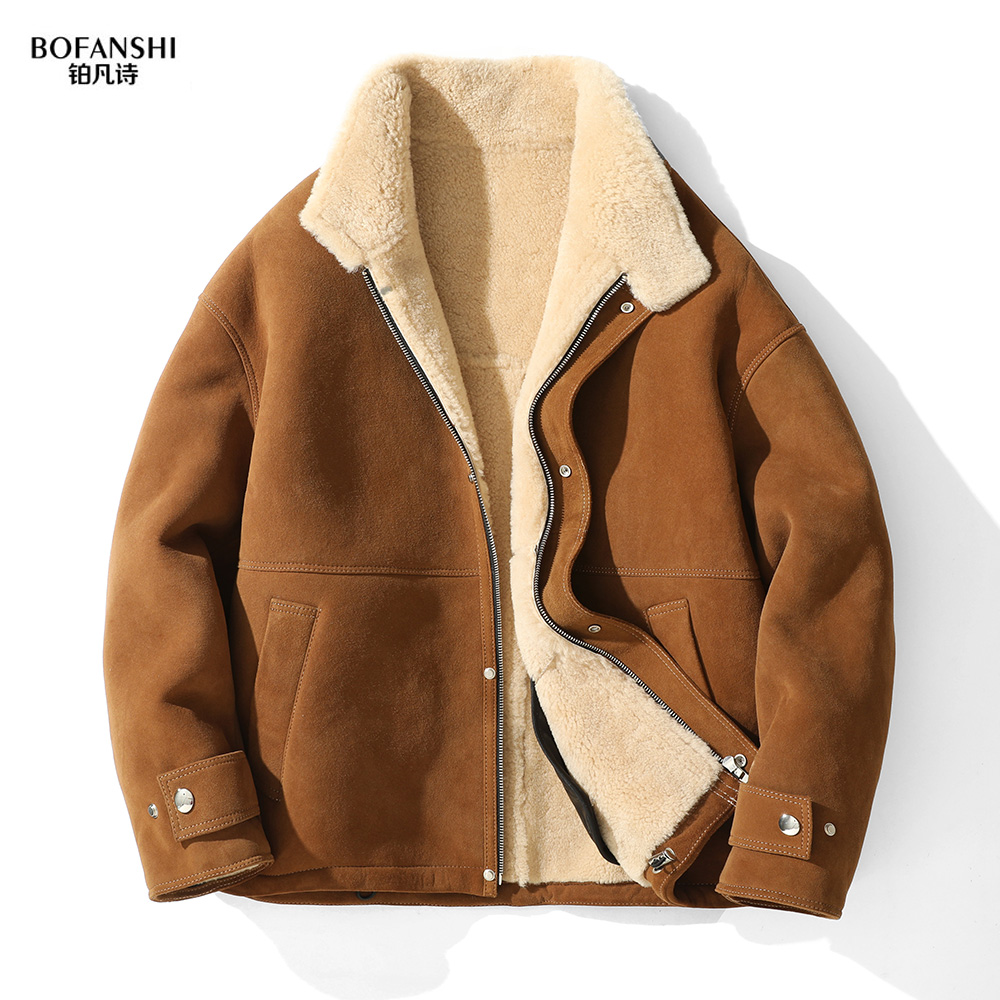 25022-1新款皮毛一体男宽松立领短款绵羊皮皮夹克男装皮衣外套