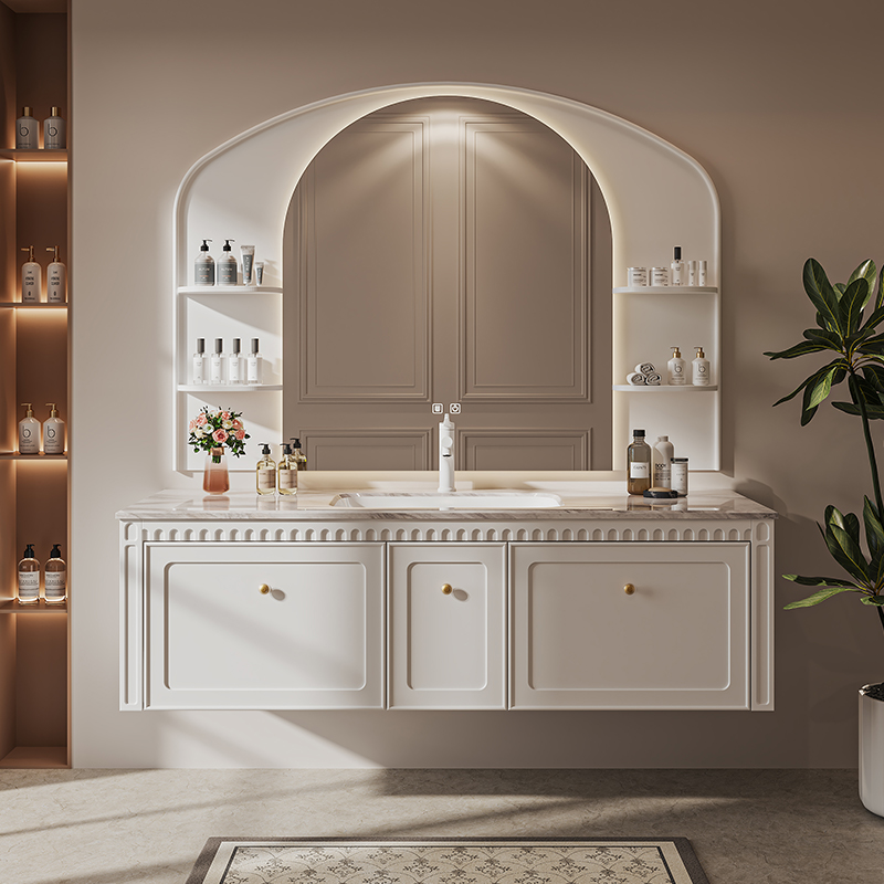 橡木高端法式奶油风浴室柜组合奢石陶瓷盆卫生间洗漱台洗脸盆定制